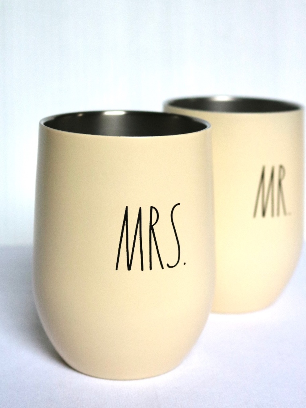 Set of 2 RAE DUNN Mr & Mrs Cream Stainless Steel Wine Goblets Cups Bride Groom